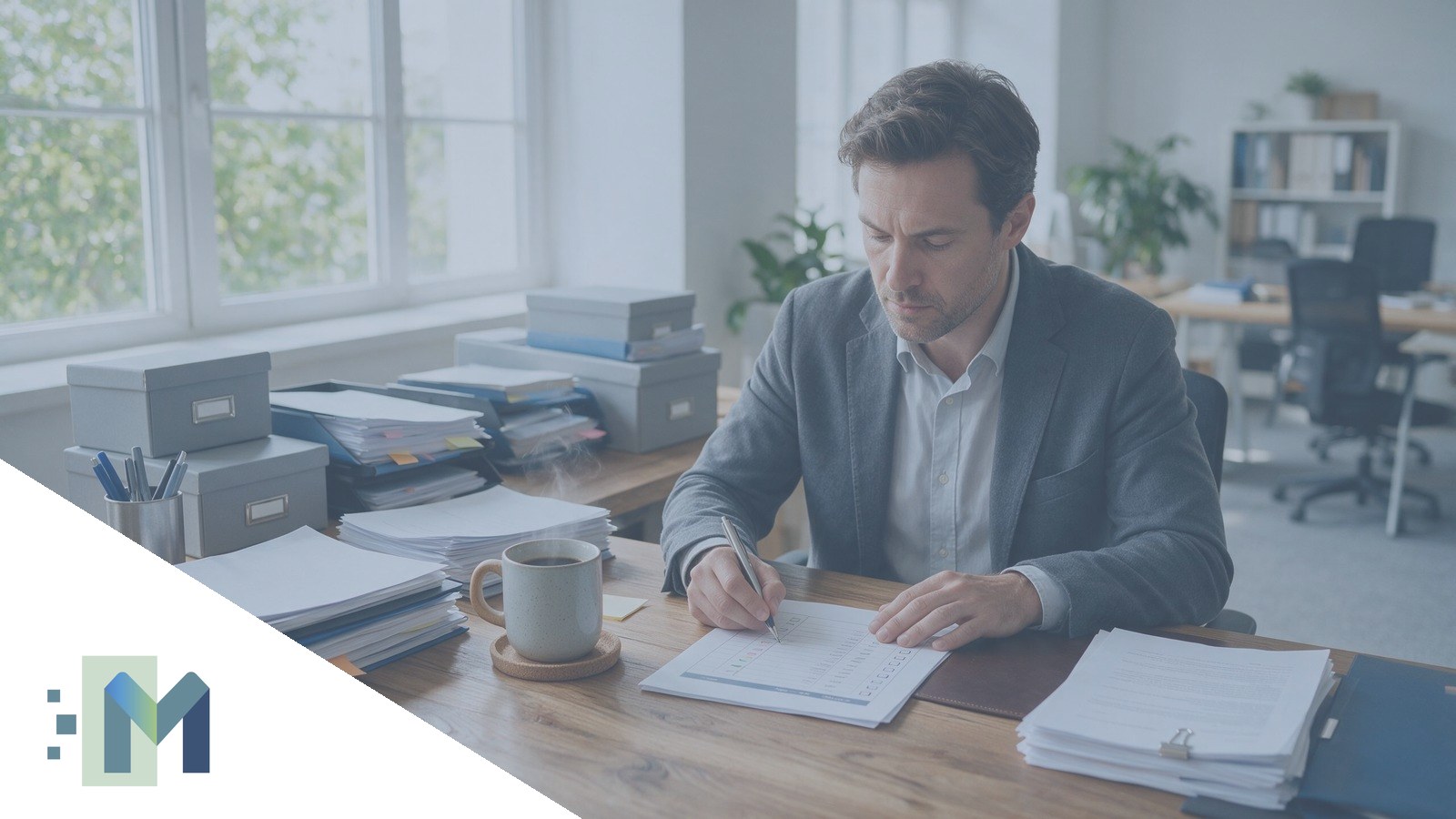 Checklist de documentos para decidir a opção do Simples até setembro Empresário em seu escritório marcando checklist de documentos tributários em papel, com caneta, documentos espalhados sobre a mesa