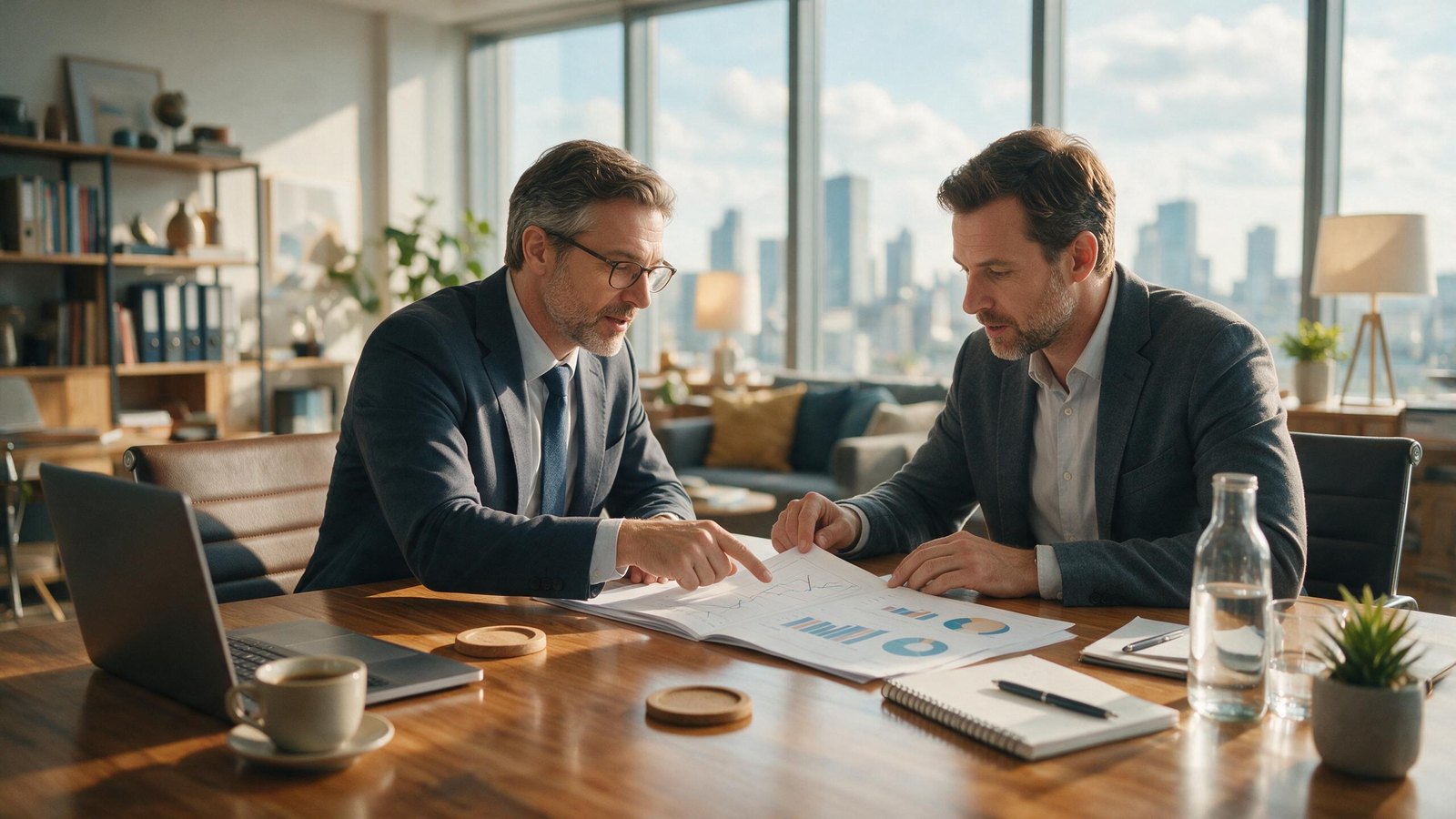 Contador ou especialista em tributação apresentando simulação de impostos para empresário/cliente, gesticulando e explicando números