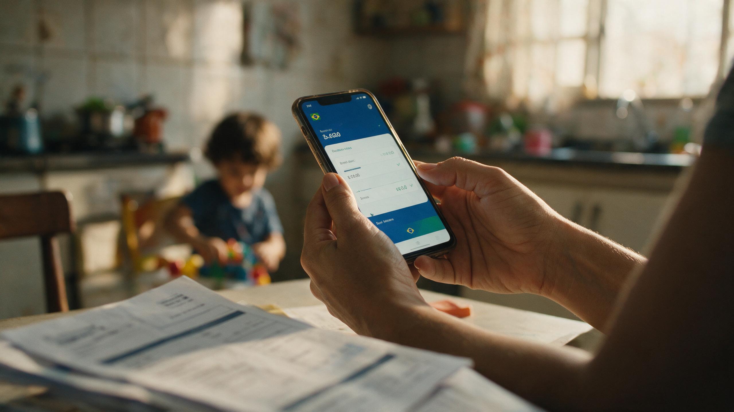 Cashback de CBS e IBS: o que é, quem tem direito e o que muda para quem vende Mãe consulta aplicativo do banco na cozinha, com contas de consumo sobre a mesa