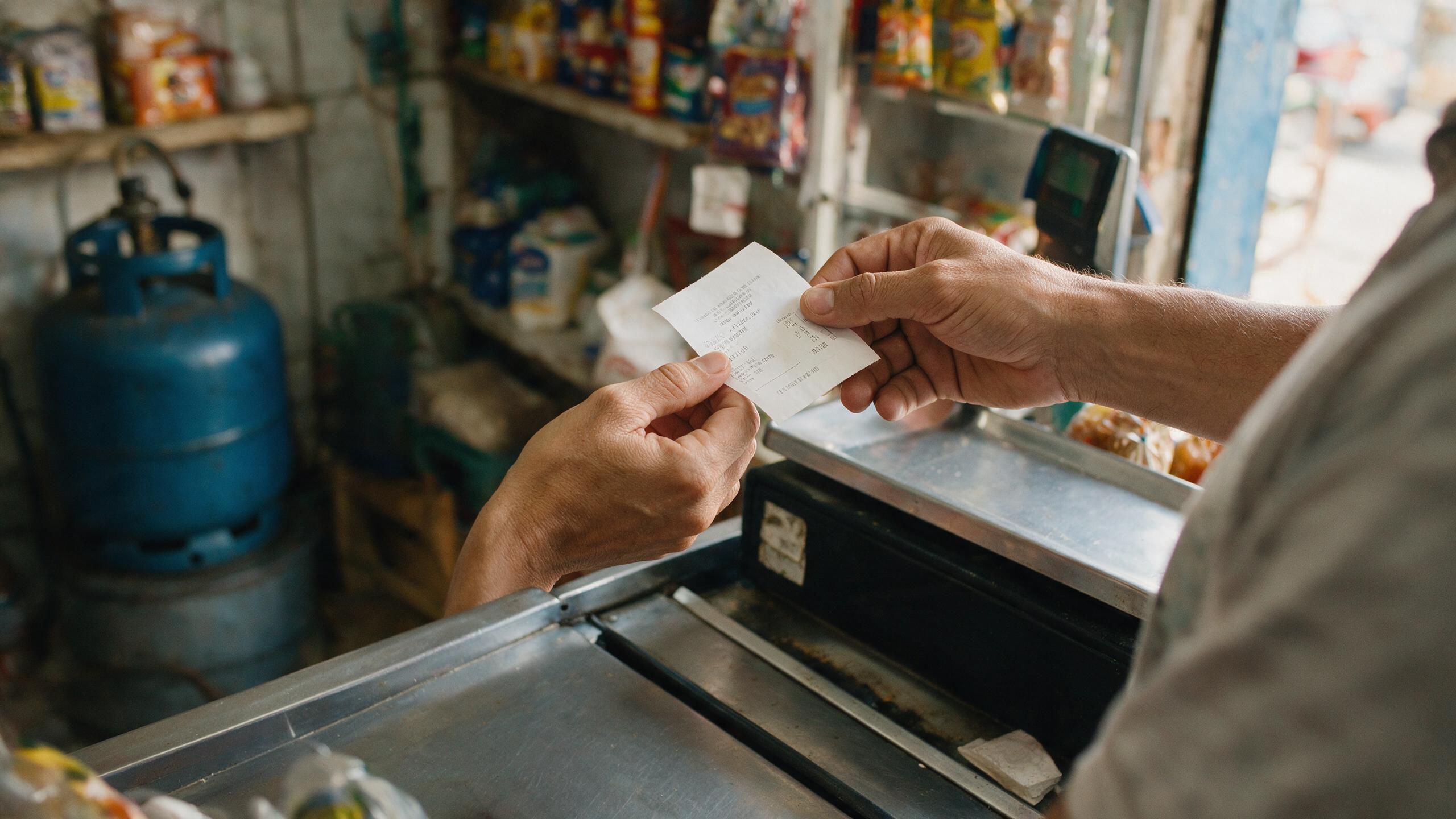 Comerciante entrega cupom fiscal ao cliente em mercadinho, com botijão de gás ao fundo