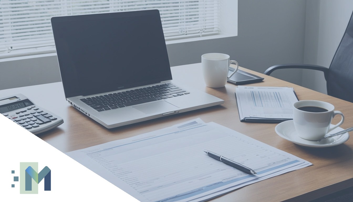 Regime híbrido Simples Nacional: perguntas frequentes sobre a opção para 2027 Mesa de escritório contábil com computador portátil, documentos e calculadora, em Recife