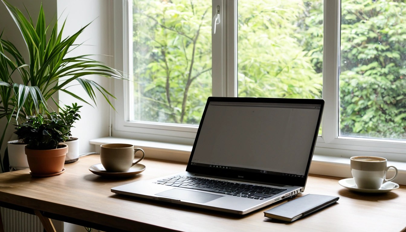Laptop, notebook e café em mesa perto de janela com plantas, espaço de trabalho calmo