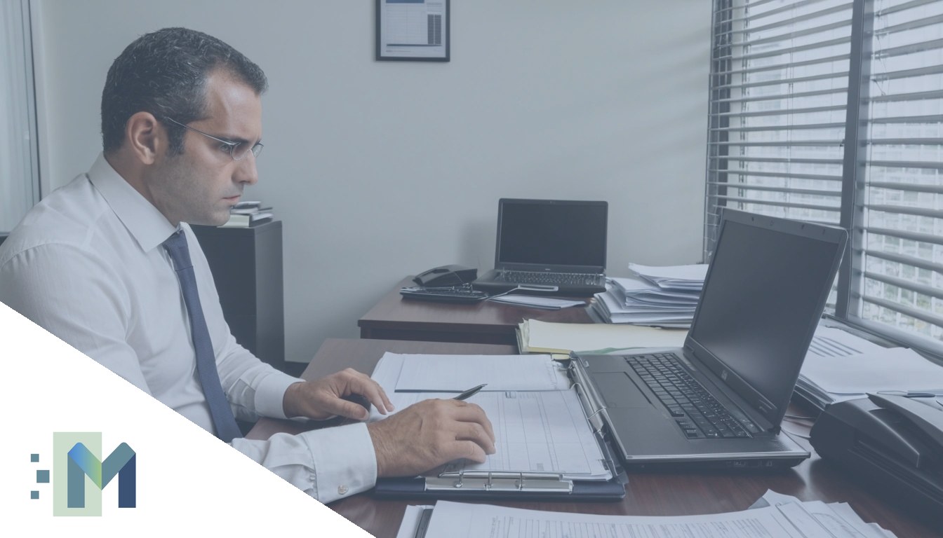 Contador separando documentos de clientes, triagem de carteira contábil