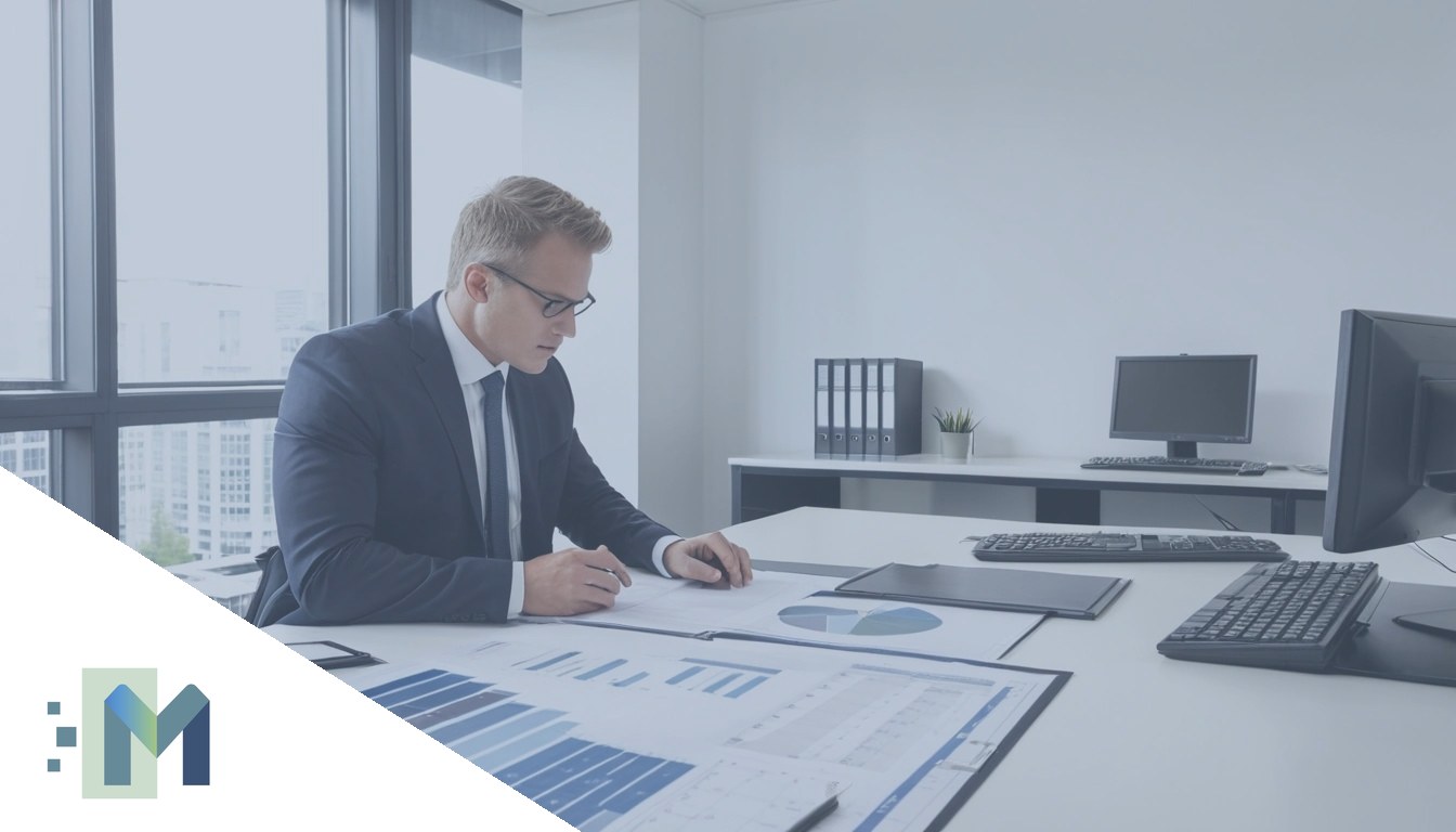 Contador em mesa de escritório analisando gráficos de setores: indústria, comércio e serviços em formato de comparação