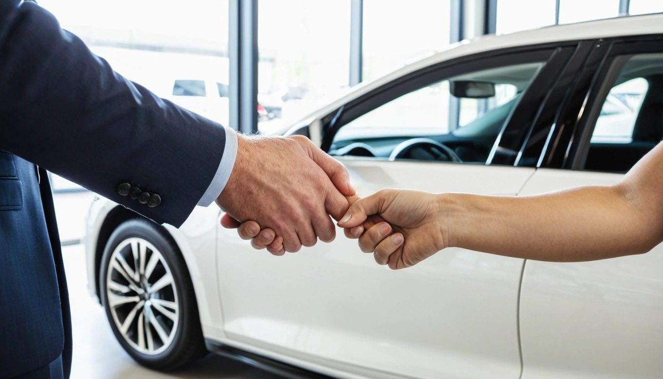 Aperto de mão ao lado de um carro novo em um showroom claro