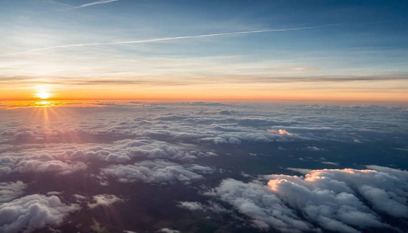 Vista pela janela de avião com nuvens ao amanhecer