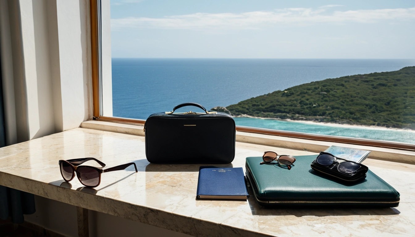 Mala de viagem, porta-passaporte e óculos de sol sobre mesa ao lado de janela com vista para o mar
