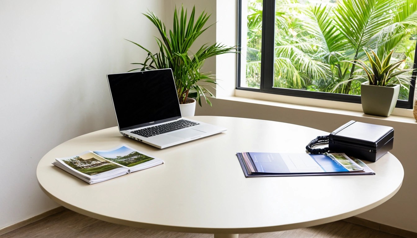Mesa de agência de viagens com telefone, notebook e folhetos, sob luz da janela