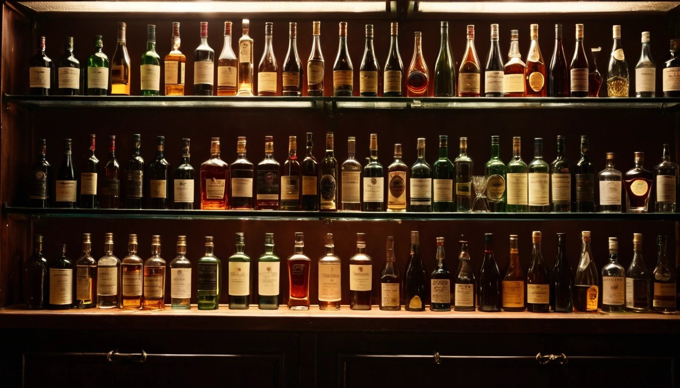 Copos e garrafas alinhados na prateleira do bar com iluminação de fundo acaramelada