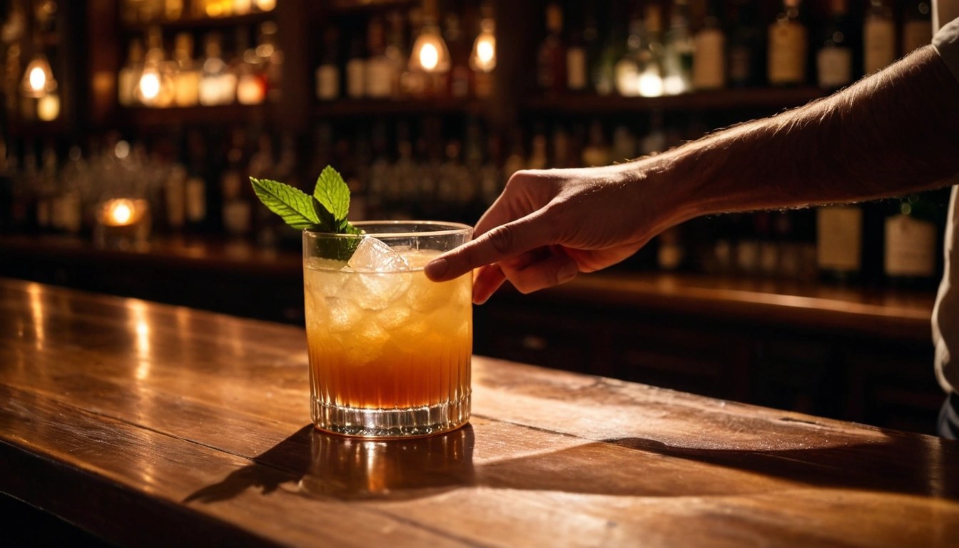Mãos preparando um drinque no balcão de madeira de um bar, sob luz quente