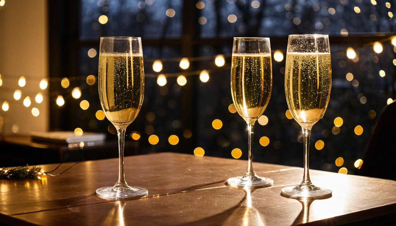 Taças de espumante sobre a mesa, com luzes de fim de ano ao fundo