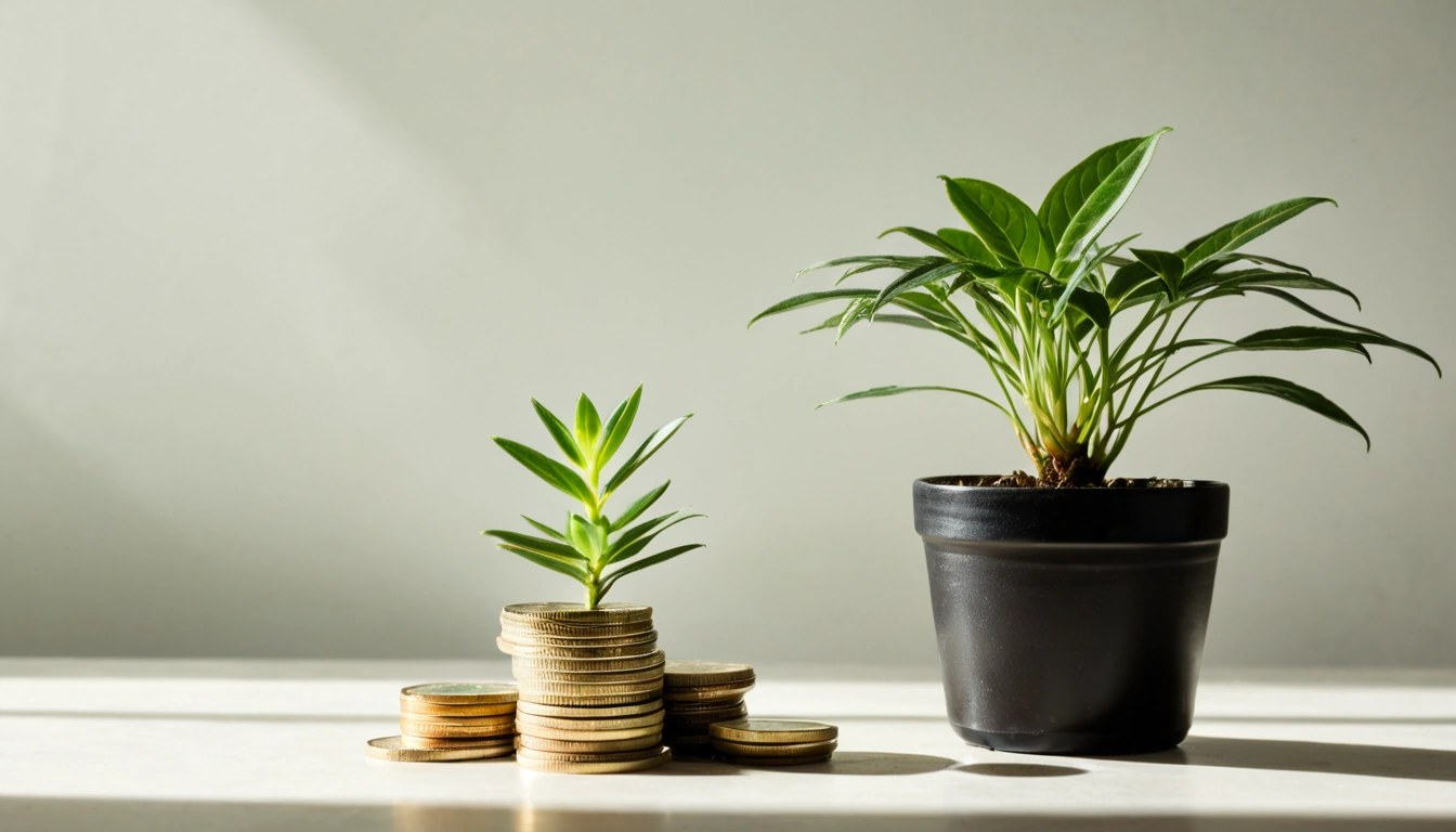 Planta em crescimento em vaso ao lado de pilha de moedas empilhadas, conceito de crescimento empresarial com luz suave