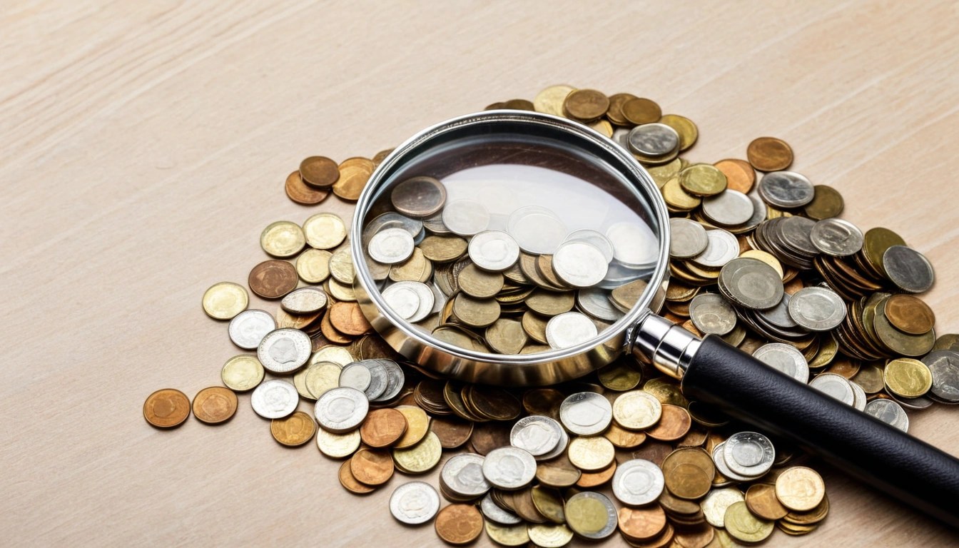 Lupa sobre pilha de moedas em mesa, conceito de auditoria empresarial, fundo limpo