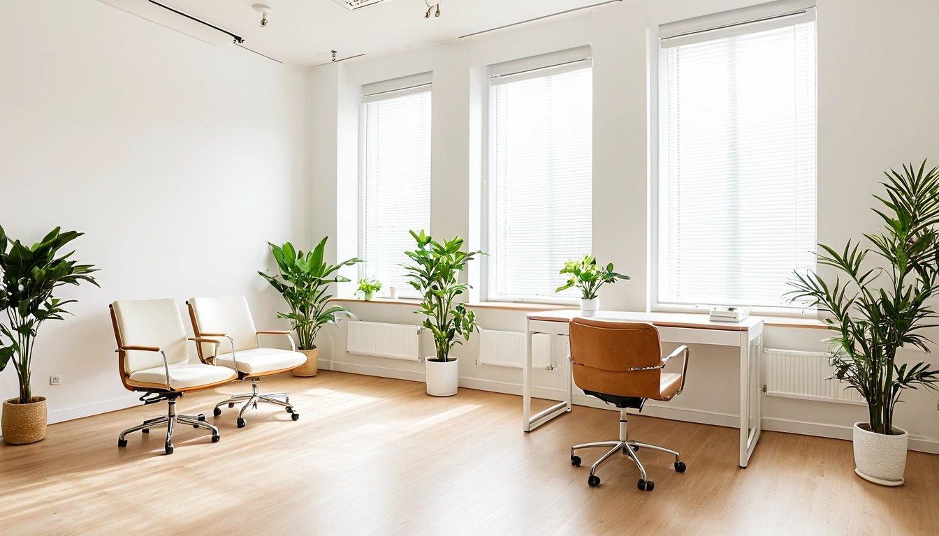 Consultório de clínica de estética claro, com mesa, cadeiras e plantas
