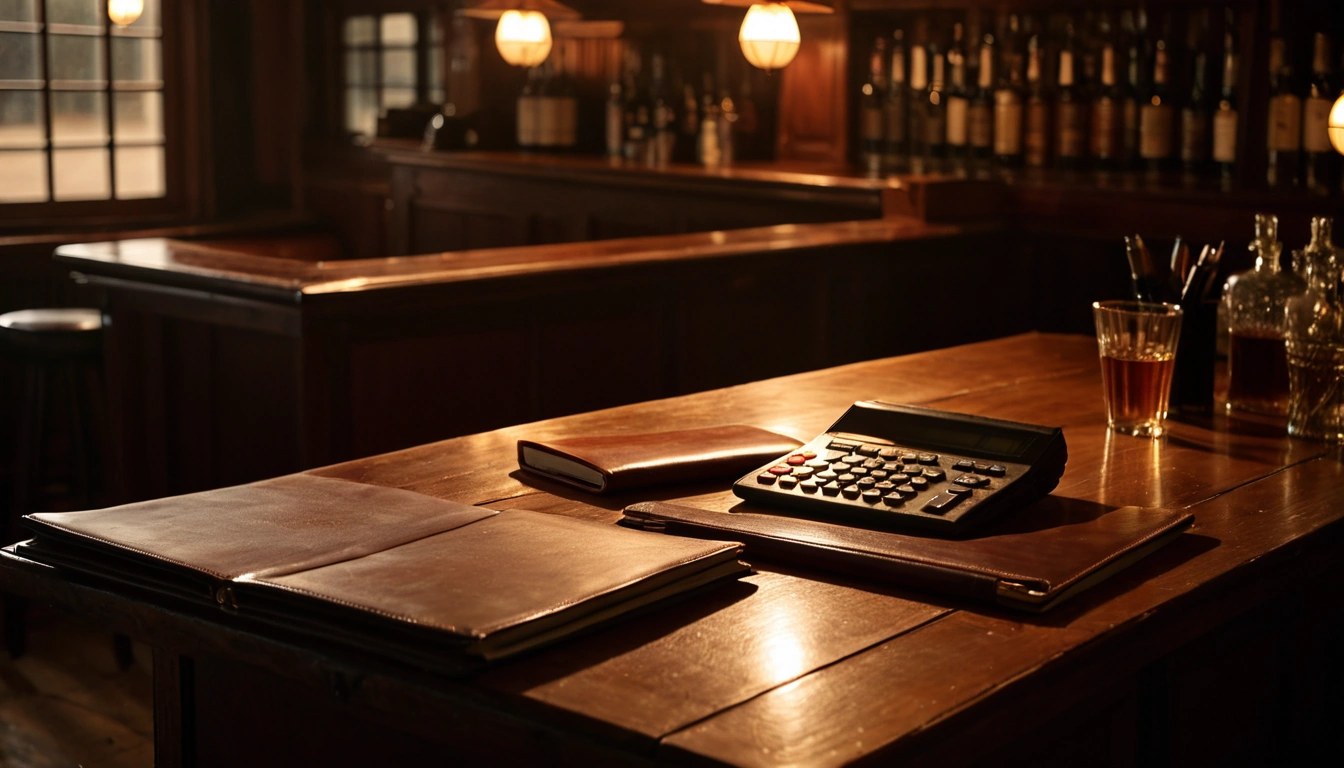 Balcão de bar vazio no fechamento, com calculadora e pasta fechada sob luz quente