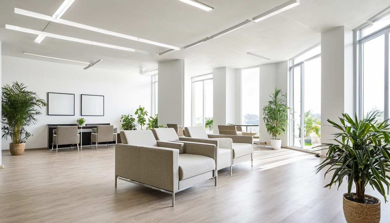 Recepção limpa de clínica médica com móveis modernos e plantas, cadeiras vazias, interior luminoso