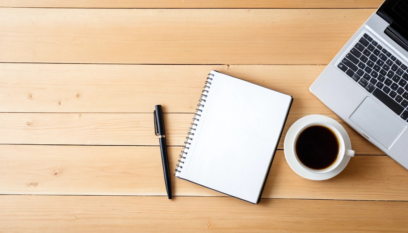 Vista de cima de uma mesa de madeira clara com caderno em branco, caneta, xícara de café e notebook