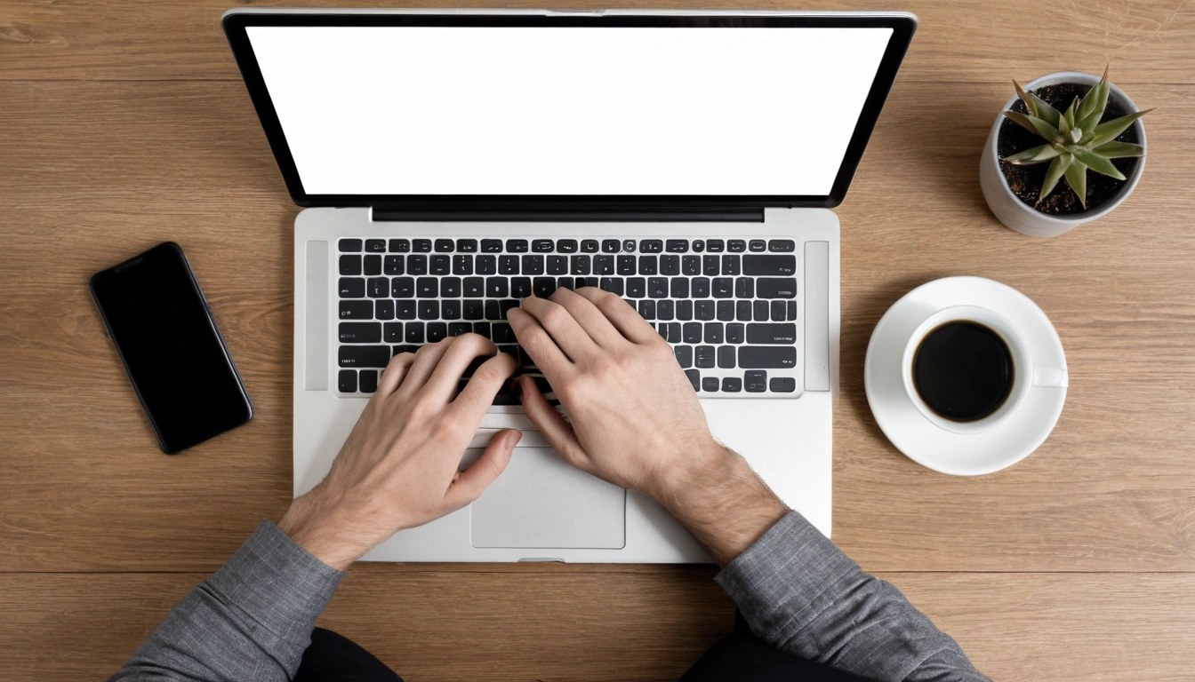 Mãos digitando em teclado de laptop ao lado de smartphone e café, vista do topo
