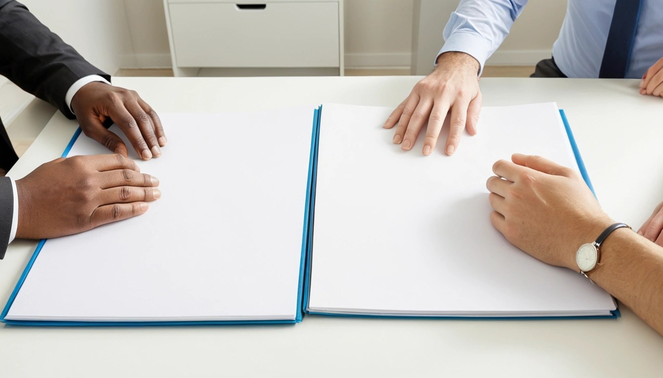 Duas pessoas segurando pastas fechadas sobre a mesa, enquadradas só pelas mãos