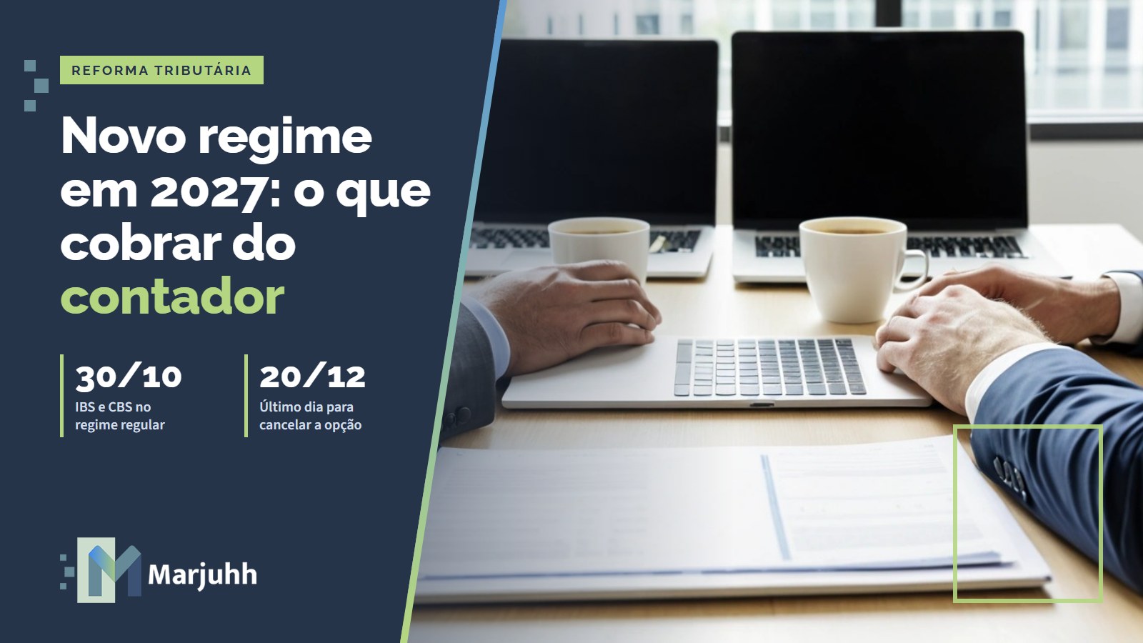 Duas pessoas em reunião, enquadradas dos ombros para baixo, com notebook e café sobre a mesa