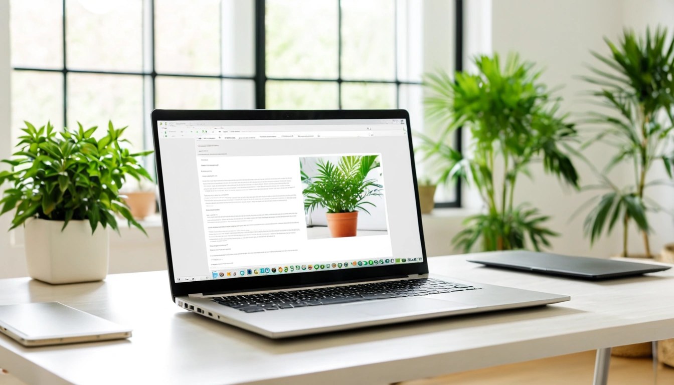 Notebook sobre mesa organizada com plantas, em escritório claro e tranquilo