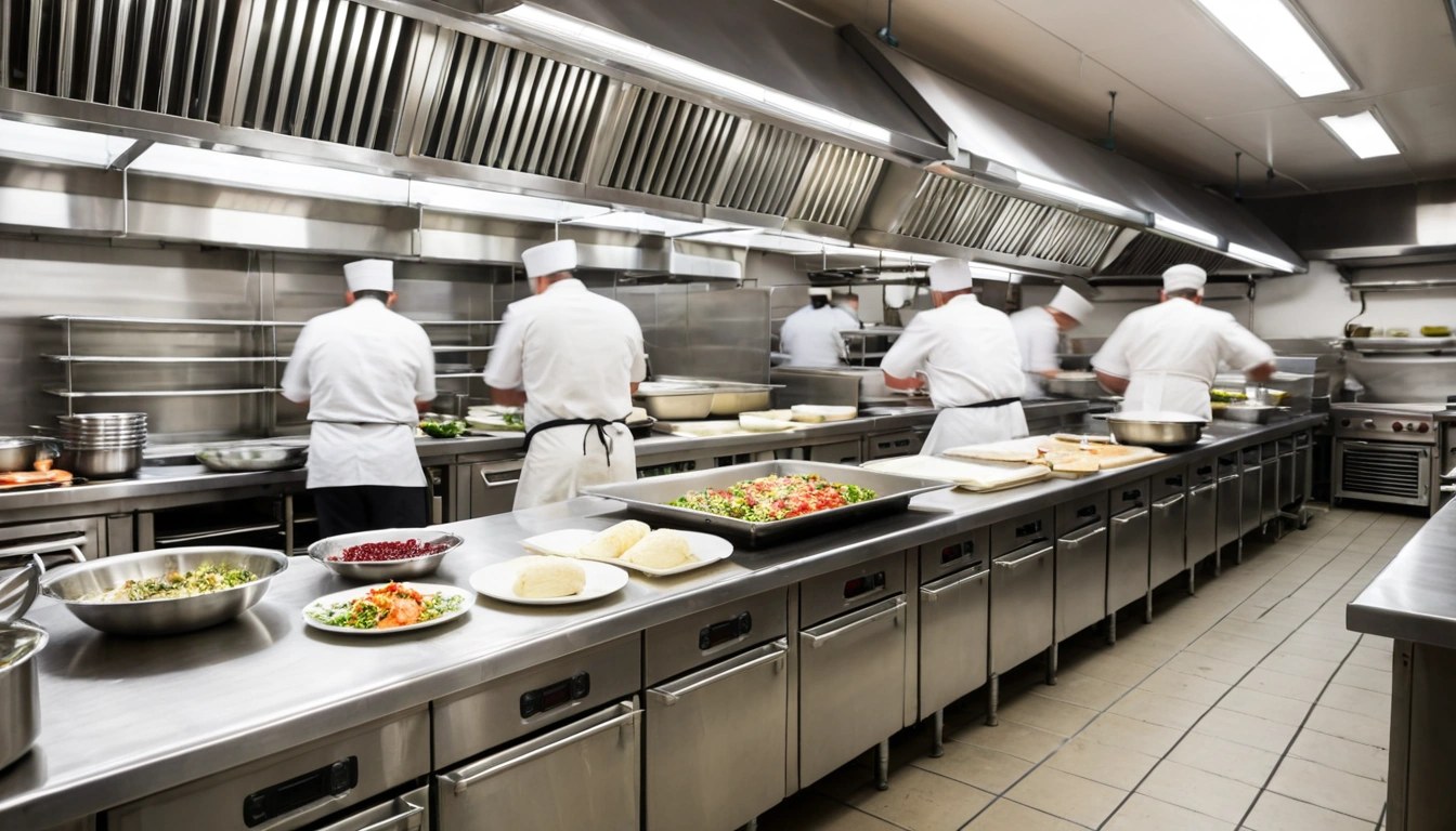 Cozinha de restaurante movimentada, com chefs de costas finalizando pratos
