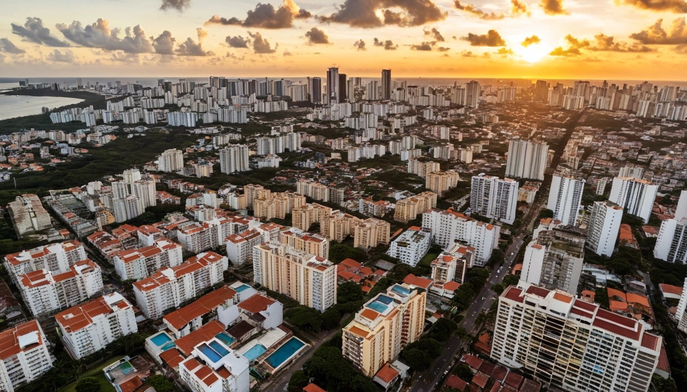 Edifícios residenciais em Recife vistos do alto ao pôr do sol, horizonte moderno