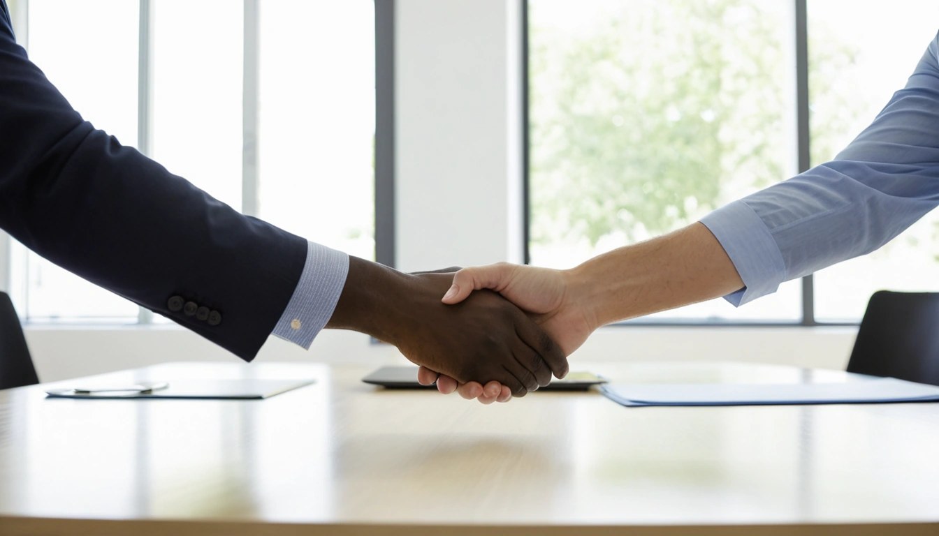 Aperto de mão sobre a mesa de reunião em um escritório claro