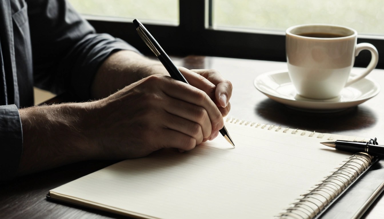 Mãos segurando uma caneta sobre um caderno em branco, ao lado de uma xícara de café e de um calendário de mesa sem anotações, luz suave da janela