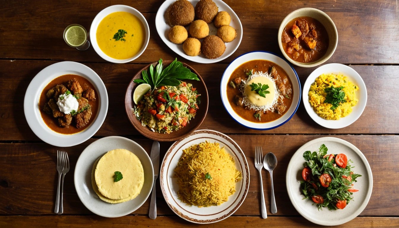 pratos de comida brasileira sendo servidos em mesa de restaurante, vista de cima, apetitoso