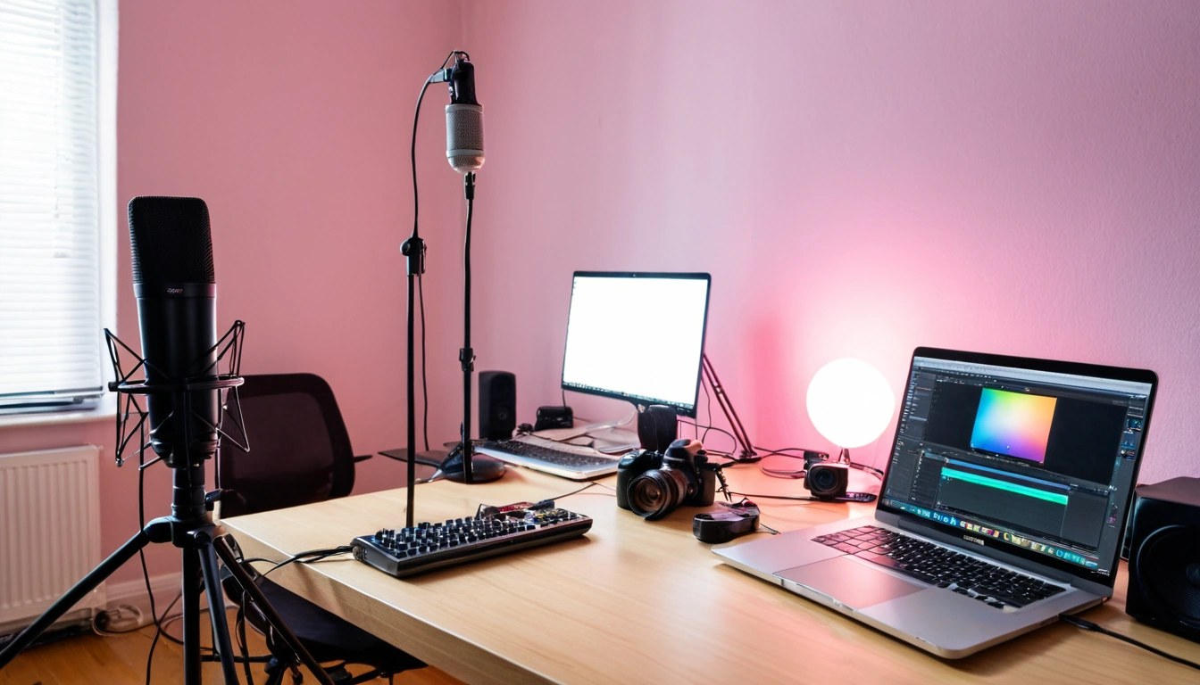 Microfone, câmera e laptop sobre uma mesa de home studio com iluminação colorida