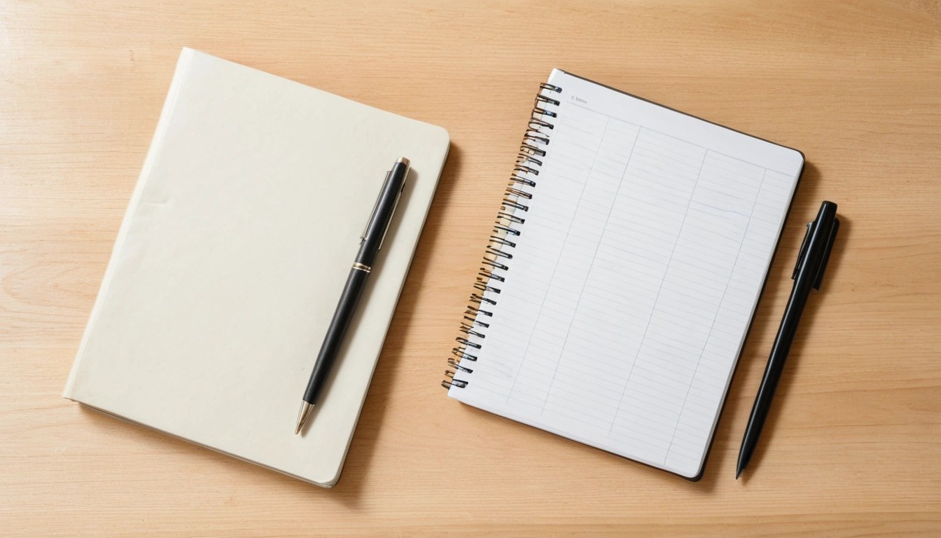 Calculadora, caneta e caderno fechado sobre mesa de madeira clara, vistos de cima